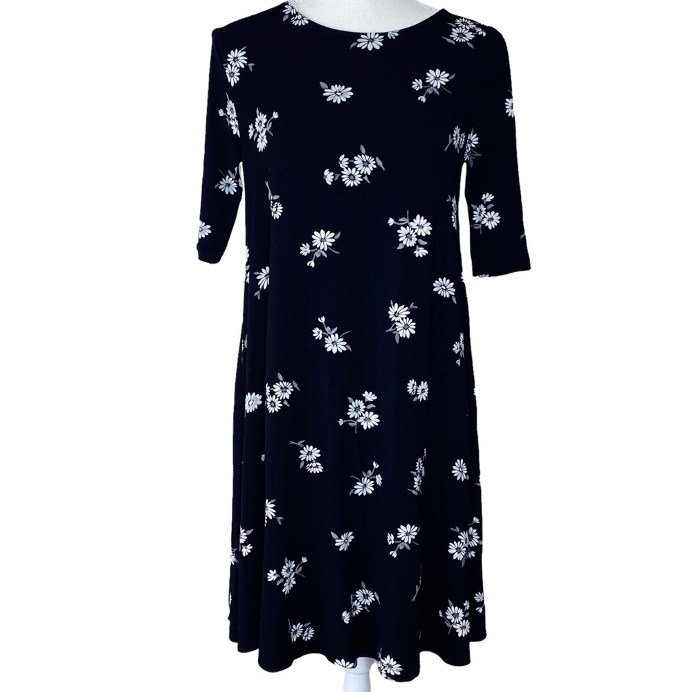 Old Navy Spring Black Floral A-Line 3/4 Sleeve Dress Size S